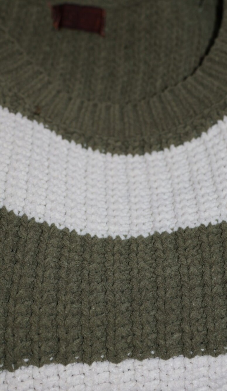 POL Olive Green and Cream Distressed Striped Knit Sweater. - Picture 9 of 13